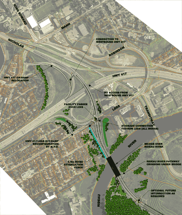 Map of Nicholas interchange modifications and new Rideau River bridge