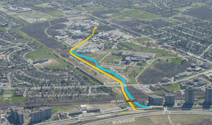 Aerial photo with bus spine road drawn from transitway through centre of hospital campus