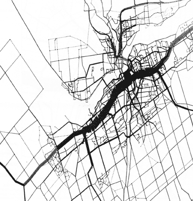 EMME/2 map showing daily emmision on a per roadway basis.