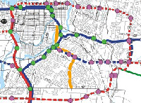 Map with corridor surrounded by proposed transit routes