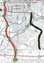 Map comparing the longer O-train route to the Alta Vista Corridor